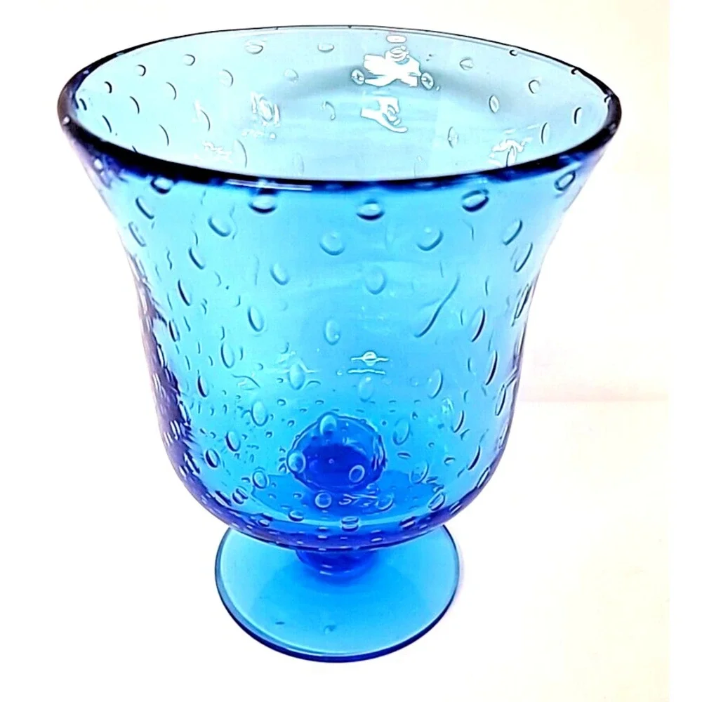 Sky Blue Footed Glass Vase with Controlled Bubbles 6-7/8